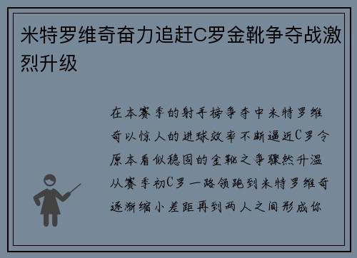 米特罗维奇奋力追赶C罗金靴争夺战激烈升级 米特罗维奇奋力追赶C罗金靴争夺战激烈升级